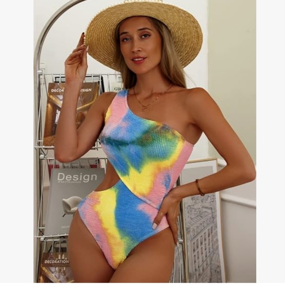 Inadays One Piece Swimsuit for Women One Shoulder Cut Out colorful SZ S textured